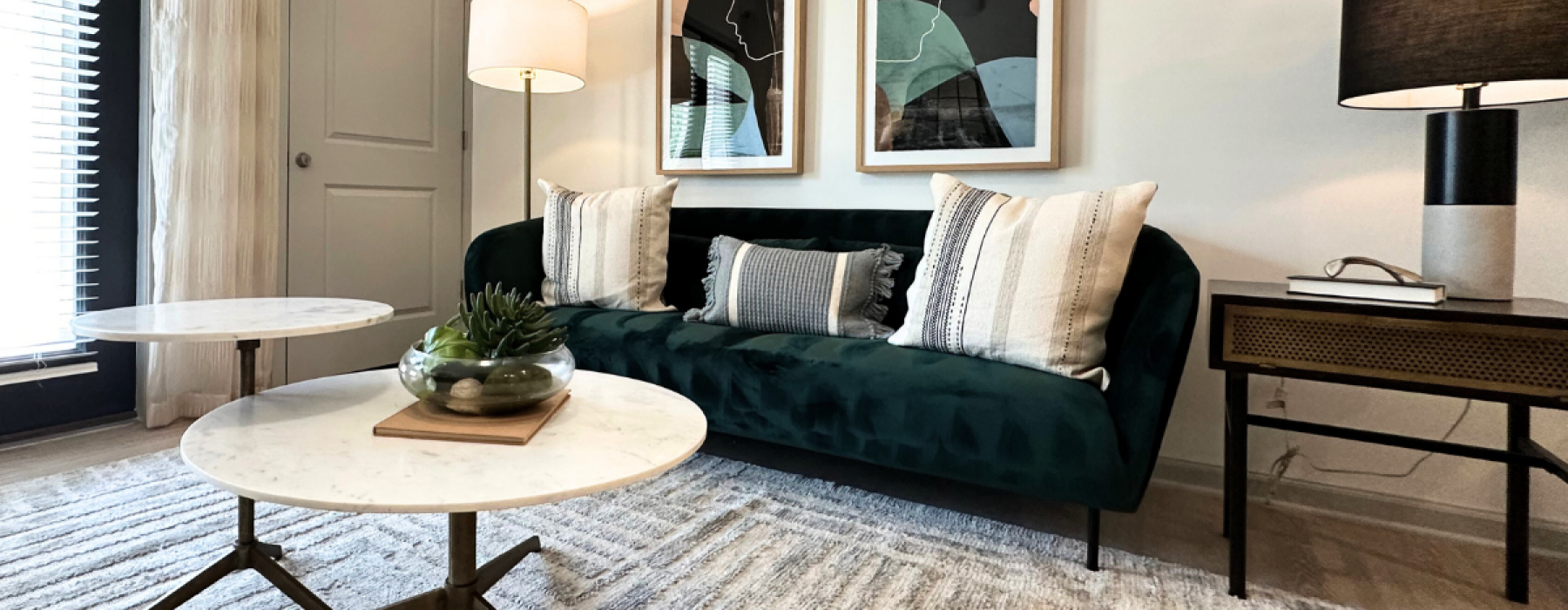 Spacious living room layout in Indian Land SC apartments with upscale interior design.