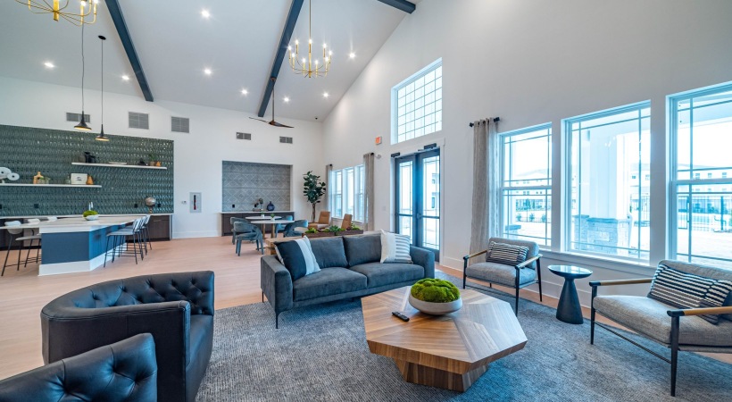 Modern resident clubhouse and coworking lounge at Indian Land apartments for rent.