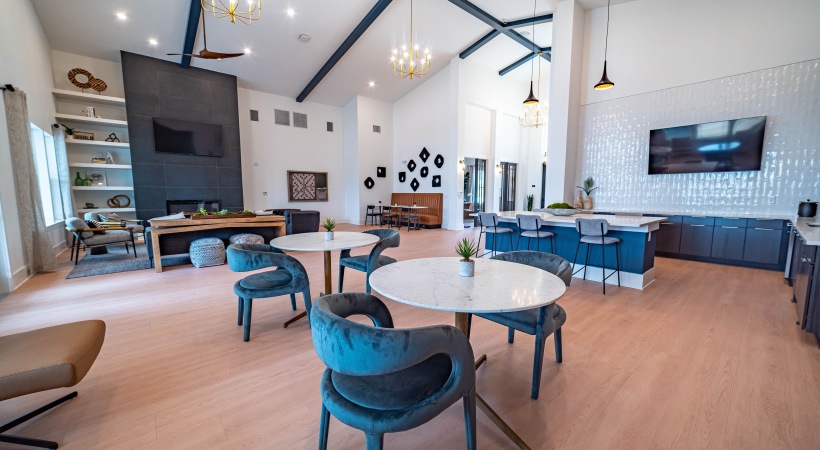 Modern resident clubhouse and coworking lounge at Indian Land apartments for rent.