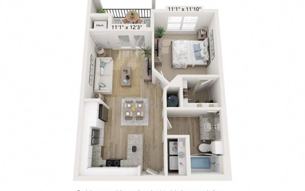 A1 - 1 bedroom floorplan layout with 1 bathroom and 629 square feet