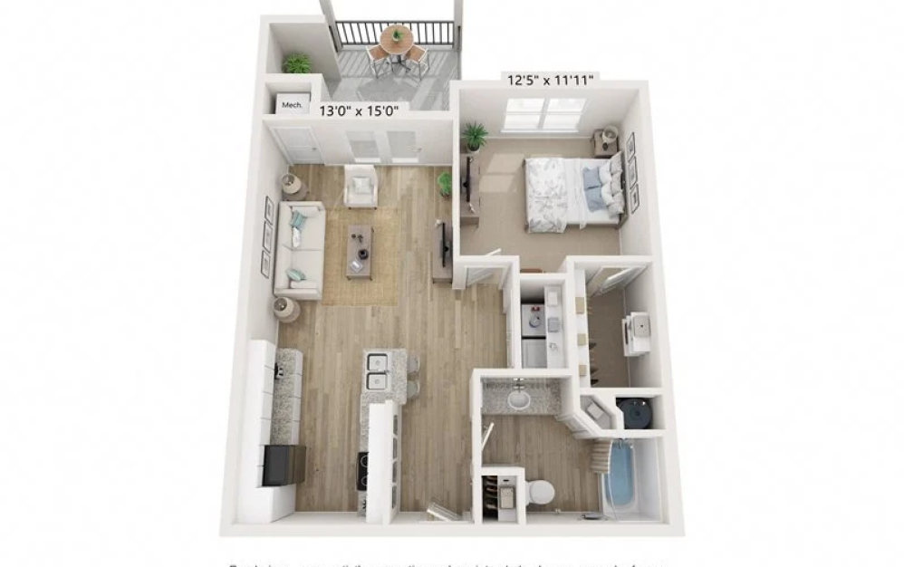 A2 - 1 bedroom floorplan layout with 1 bathroom and 750 square feet