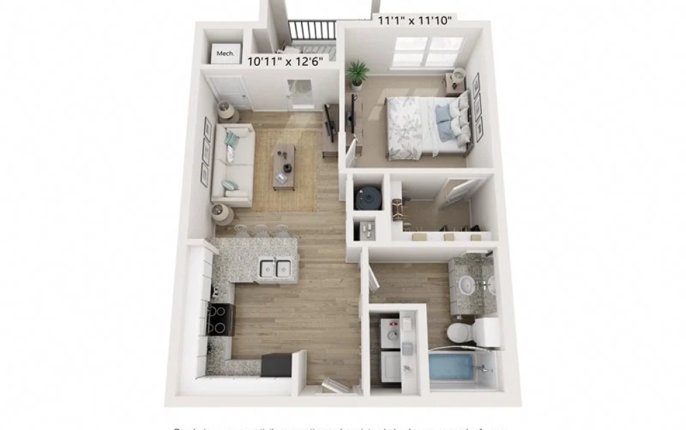 A3 - 1 bedroom floorplan layout with 1 bathroom and 620 square feet