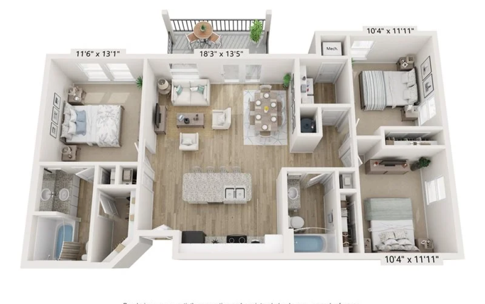 C1 - 3 bedroom floorplan layout with 2 bathrooms and 1198 square feet C1 - 3 bedroom floorplan layout with 2 bathrooms and 1198 square feet