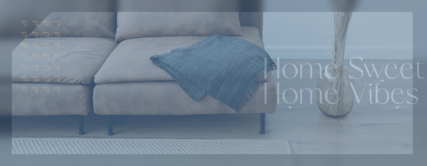 lifestyle image of a couch with colorful blankets and a text overlay